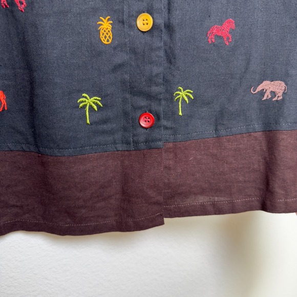 VTG 90s Studio Ease Linen Button Up Top Black Novelty Granola Girl Zoo Palm Tree - Picture 7 of 10
